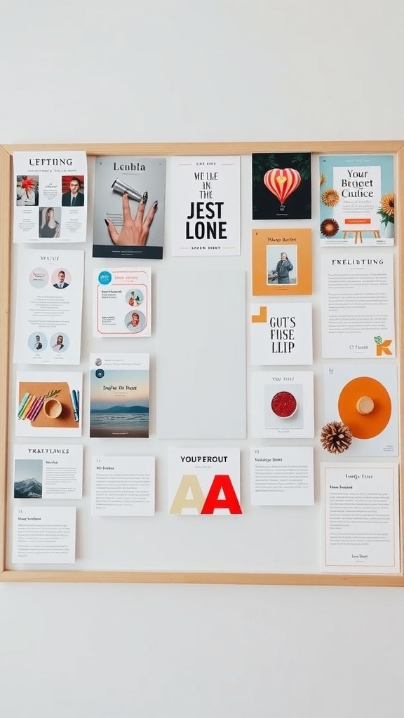 A vision board showcasing various personal branding elements like photos, quotes, and designs.