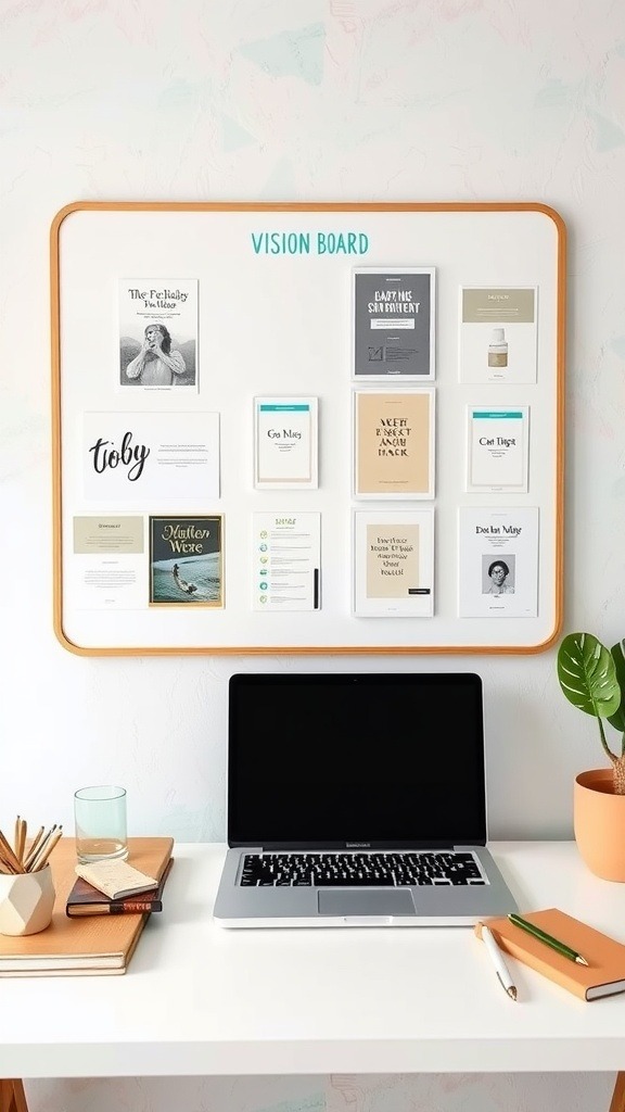 A vision board with various digital product ideas displayed on a wall above a workspace with a laptop and stationery.