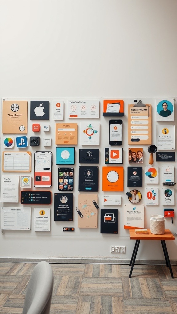 A vision board with various app designs and concepts.