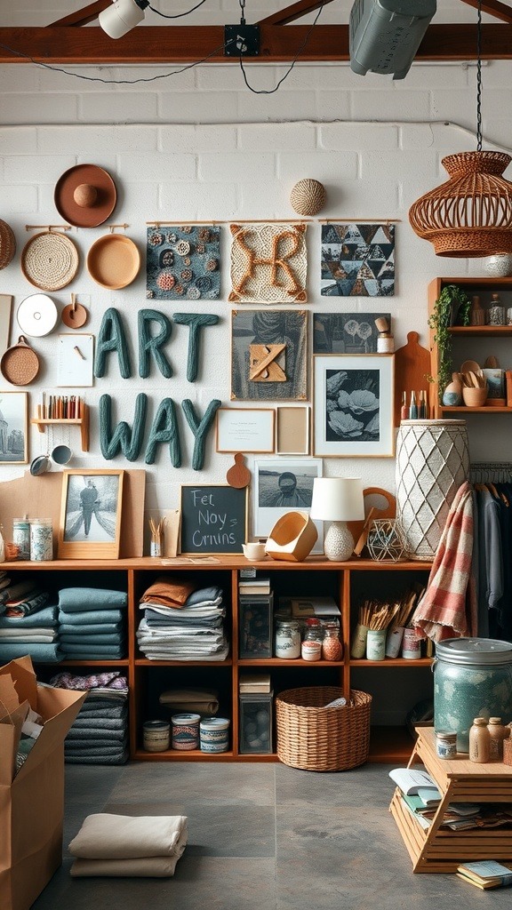 A cozy craft space with art supplies, decorations, and organized shelves.