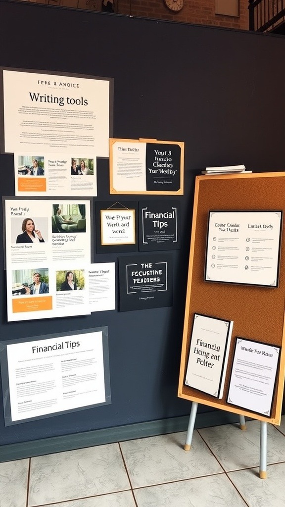 A wall displaying various financial tips and writing tools in a cozy setting.