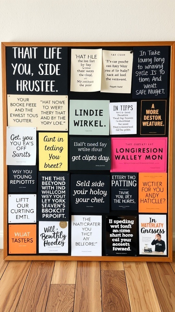 A vision board filled with motivational quotes and ideas for developing a side hustle mindset.
