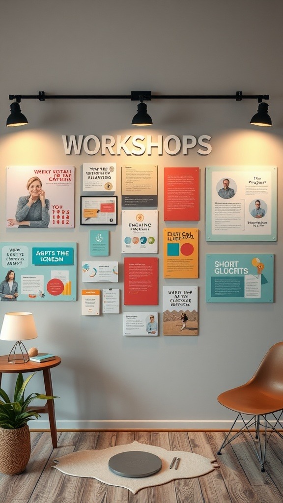 A cozy workshop space showcasing various financial literacy materials on the wall