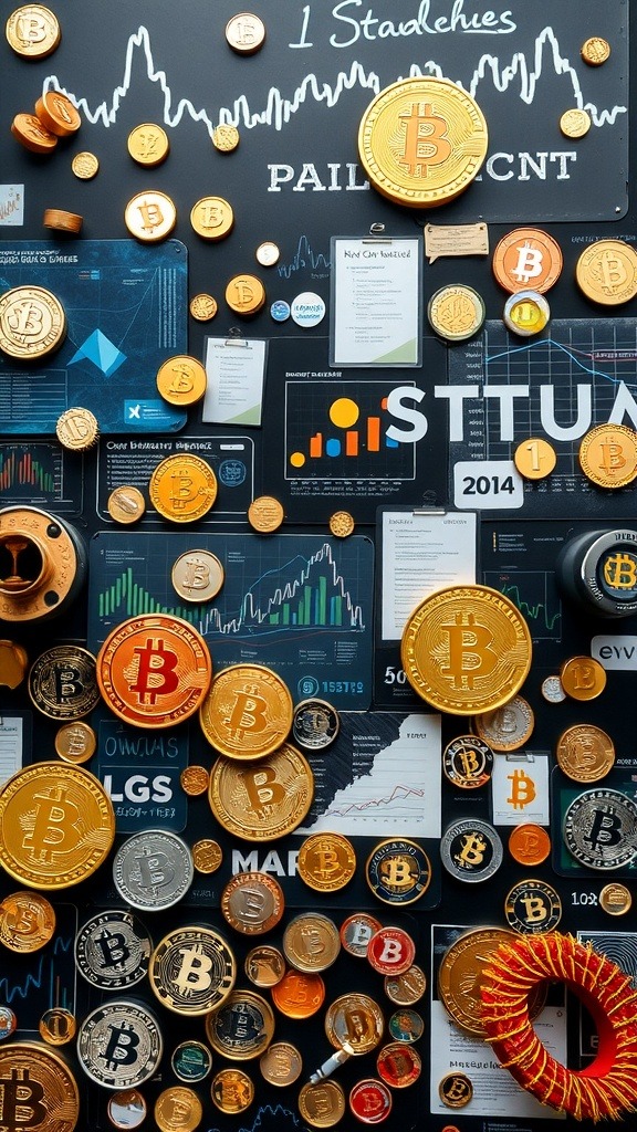 A collection of various cryptocurrency coins and charts representing investment opportunities.