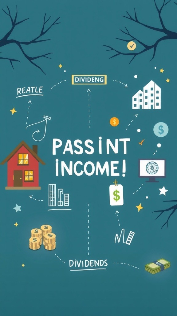 Illustration showcasing passive income ideas such as real estate and dividends.