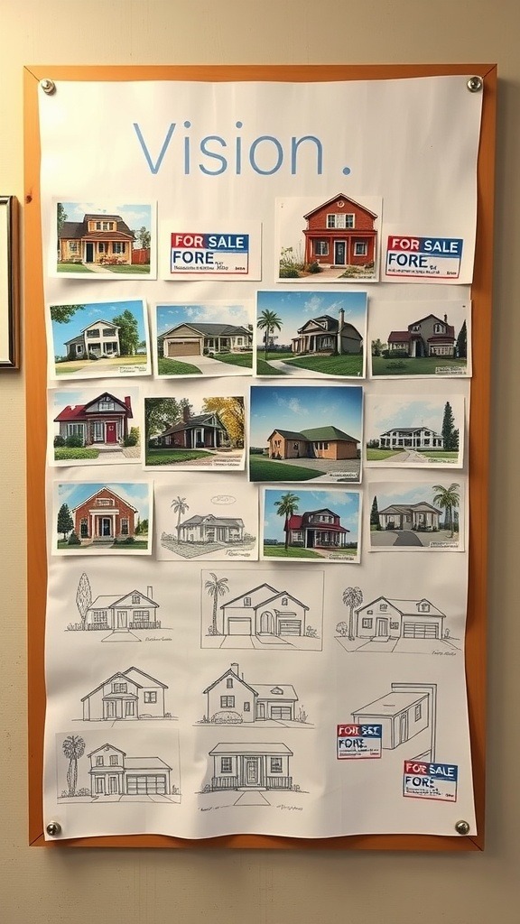 vision board ideas for displaying various houses and 'For Sale' signs.