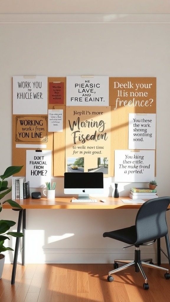 A vision board filled with motivational quotes and affirmations for freelancers, displayed above a desk.