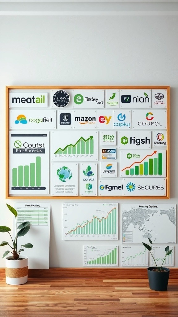 vision board ideas featuring various sustainable stock logos and growth charts.