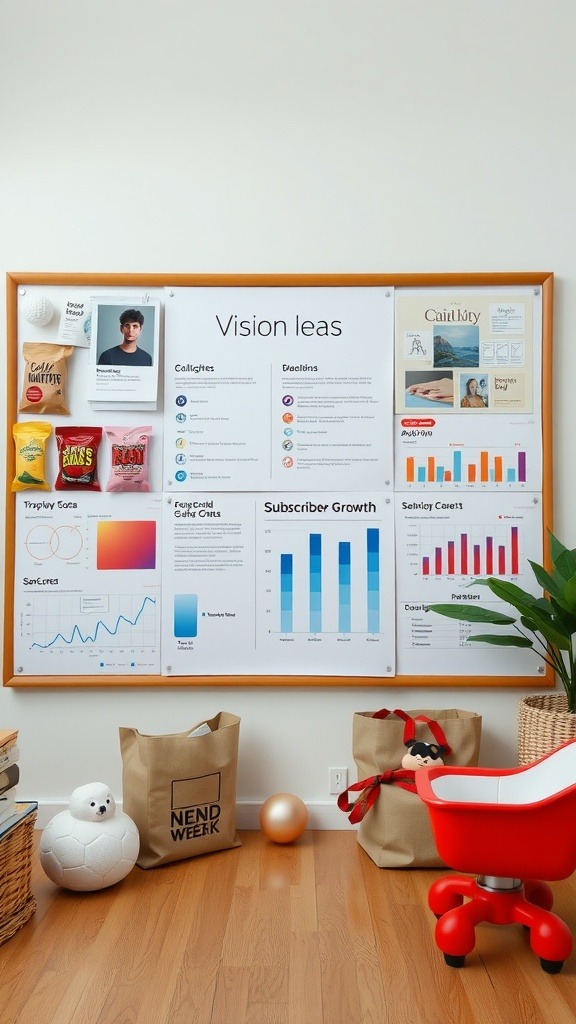A vision board featuring plans and ideas for launching a subscription box service.