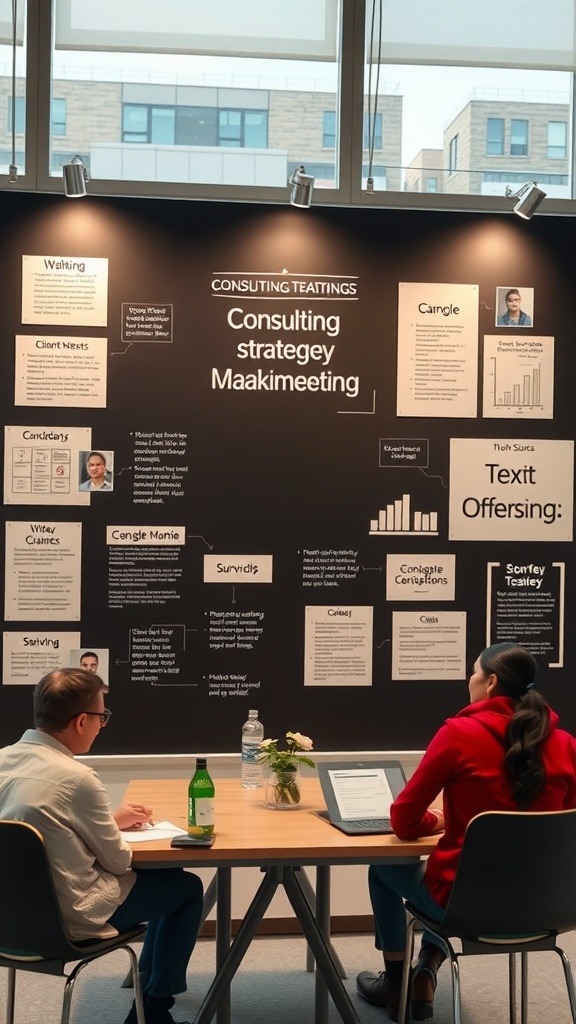A consulting strategy meeting with two people discussing ideas and strategies around a table.