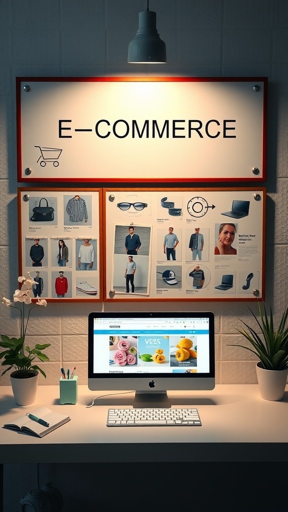 A workspace featuring an e-commerce setup with a monitor displaying a colorful online store, surrounded by product images and decorative plants.